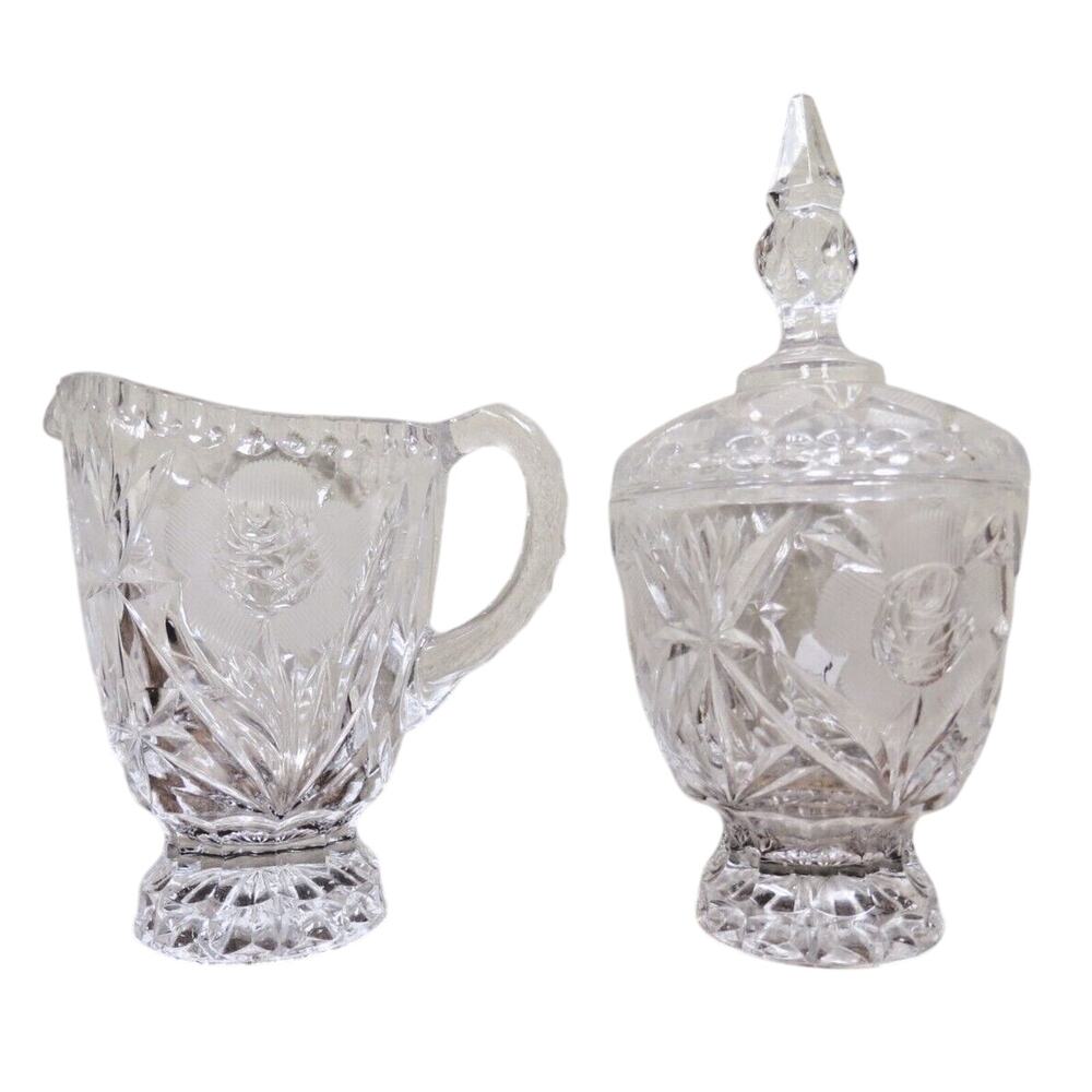 Vtg Cut Crystal Creamer & Lidded Sugar Bowl Set Etched Roses Diamonds Finial